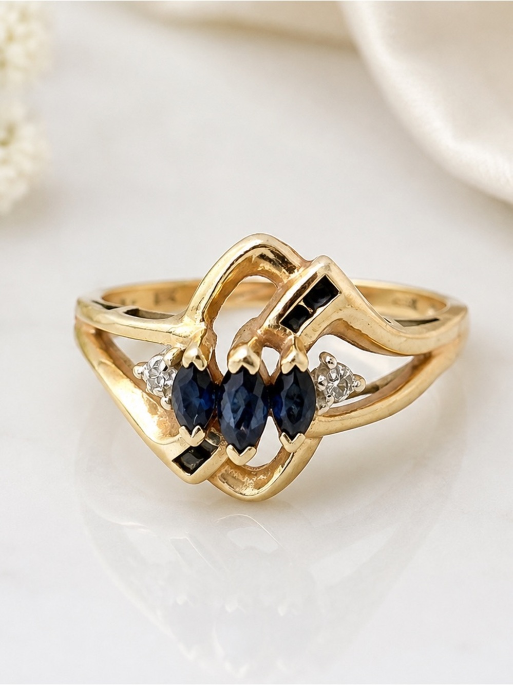 10K Gold Three-Stone Sapphire and Diamond Ring - size 6 3/4